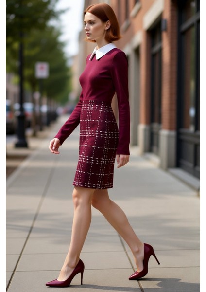 Kadın Tüvit Dokuma Ekose Desenli Gömlek Yaka A Line Elbise Soğuk Hava Şıklığıyla Gardırobunu Yenile modelleri