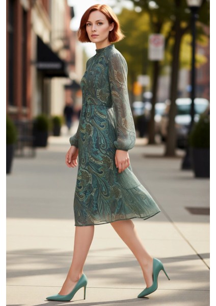 Kadın Dik Yaka Şal Desenli Şifon Midi Elbise Uzun Balon Kollu Astarlı Volanlı A Kesim Kaliteli fırsatları