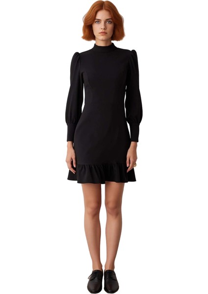 Kadın Lacivert A Kesim Dokuma Elbise Dik Yaka Balon Kollu Mini Boy Sonbahar Kış Ofis Stili