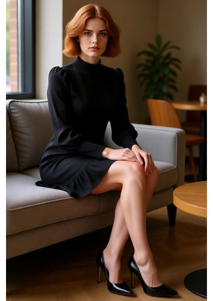 Kadın Lacivert A Kesim Dokuma Elbise Dik Yaka Balon Kollu Mini Boy Sonbahar Kış Ofis Stili fırsatları