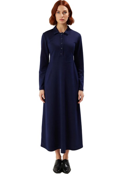 Kadın Casual A Line Maxi Elbise Polo Yaka Uzun Kollu Düz Örme Krep Kumaş ile Şıklık Sunar Kaliteli