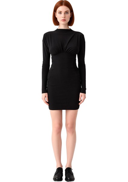 Kadın Kokteyl Dik Yaka Bodycon Kalıp Uzun Yarasa Kol Büzgülü Sandy Örme Kısa Abiye Elbise Kaliteli