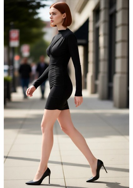 Kadın Kokteyl Dik Yaka Bodycon Kalıp Uzun Yarasa Kol Büzgülü Sandy Örme Kısa Abiye Elbise Kaliteli modelleri