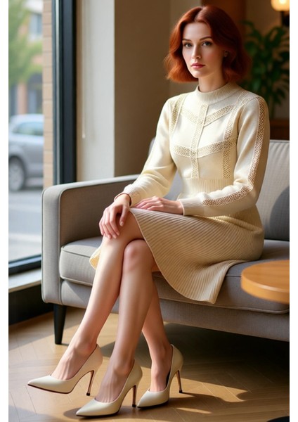 Kadın Bej Düz Desen A Kesim Dik Yaka Uzun Balon Kol Akrilik Triko Mini Elbise Kış Şıklığı. fırsatları