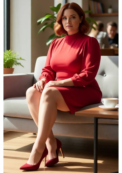 Kadın Büyük Beden A Kesim Dokuma Mini Elbise Balon Kollu Dik Yaka Ofis ve Özel Etkinlikler