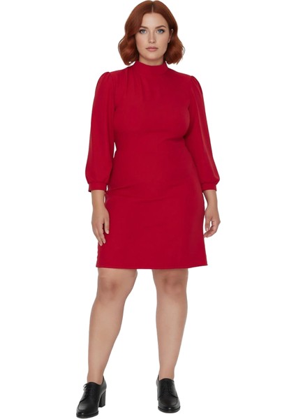 Kadın Büyük Beden A Kesim Dokuma Mini Elbise Balon Kollu Dik Yaka Ofis ve Özel Etkinlikler fiyatları
