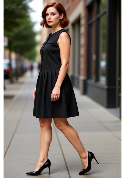 Kadın Smart Office Dokuma Jile Elbise Çizgili Kolsuz Mini Kesim Ilkbahar Sonbahar Için Kaliteli fırsatları