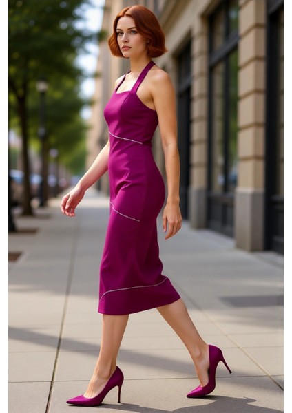 Kadın Modern Kokteyl Abiye Elbise Kalın Askılı Kare Yaka Taşlı Midi Boy Vücudu Saran Dokuma modelleri