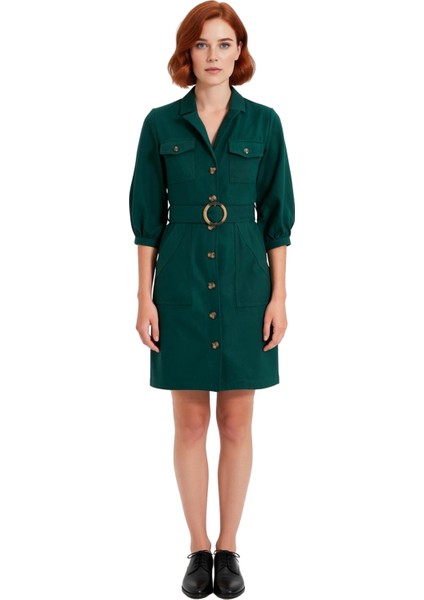 Kadın Casual Düğmeli Kısa Balon Kollu Gömlek Yaka Kemerli Dokuma %100 Pamuk Elbise Modası Kaliteli fiyatları