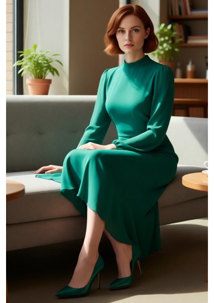 Kadın Modern Dik Yaka A Kesim Midi Boy Uzun Balon Kollu Astarlı Şifon Dokuma Düz Elbise Kaliteli