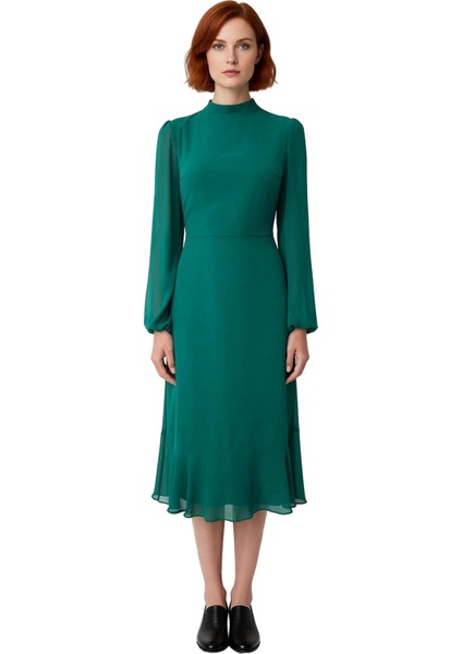 Kadın Modern Dik Yaka A Kesim Midi Boy Uzun Balon Kollu Astarlı Şifon Dokuma Düz Elbise Kaliteli fiyatları