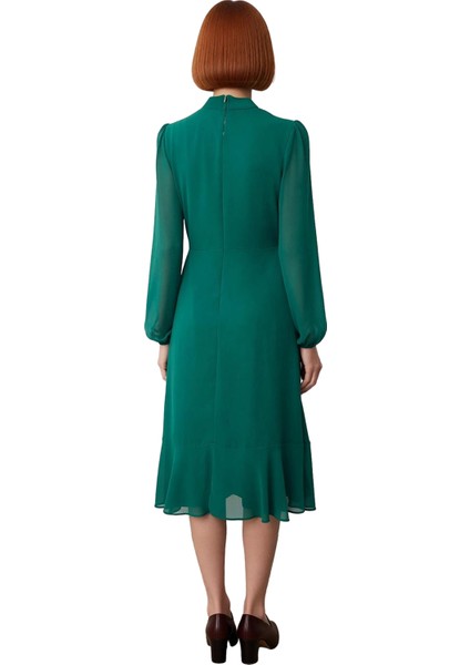 Kadın Modern Dik Yaka A Kesim Midi Boy Uzun Balon Kollu Astarlı Şifon Dokuma Düz Elbise Kaliteli modelleri