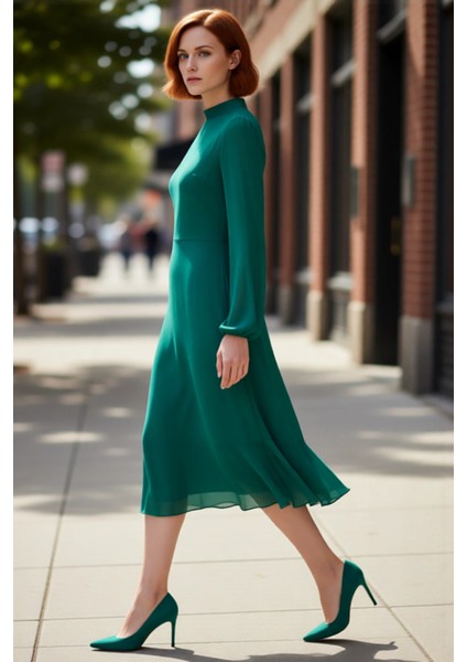 Kadın Modern Dik Yaka A Kesim Midi Boy Uzun Balon Kollu Astarlı Şifon Dokuma Düz Elbise Kaliteli fırsatları