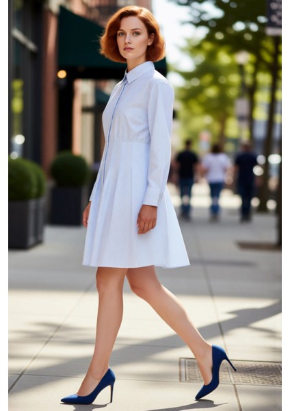 Kadın Mavi Çizgili A Line Midi Gömlek Elbise Uzun Kollu Dokuma Kumaş Günlük Konforlu Stil Kaliteli