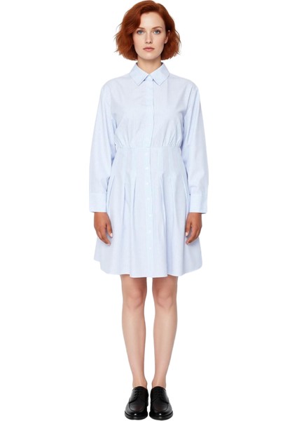 Kadın Mavi Çizgili A Line Midi Gömlek Elbise Uzun Kollu Dokuma Kumaş Günlük Konforlu Stil Kaliteli modelleri