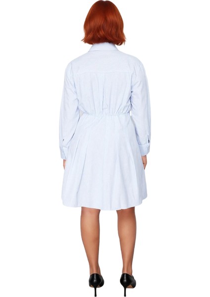 Kadın Mavi Çizgili A Line Midi Gömlek Elbise Uzun Kollu Dokuma Kumaş Günlük Konforlu Stil Kaliteli fırsatları