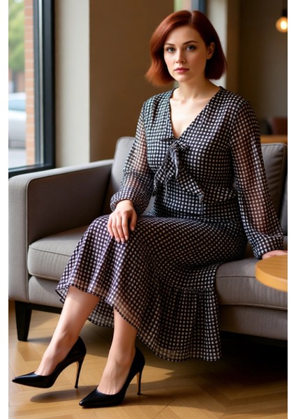 Kadın Uzun Kol Şal Desenli Maxi Boy A Kesim Şifon Dokuma V Yaka Zarif Elbise Tasarımı Kaliteli