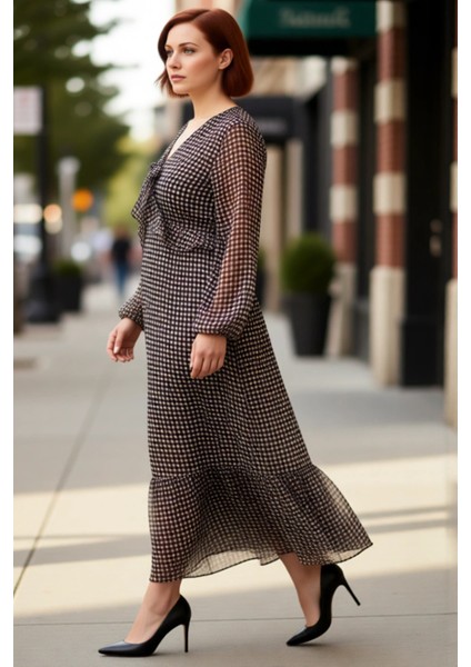 Kadın Uzun Kol Şal Desenli Maxi Boy A Kesim Şifon Dokuma V Yaka Zarif Elbise Tasarımı Kaliteli fırsatları