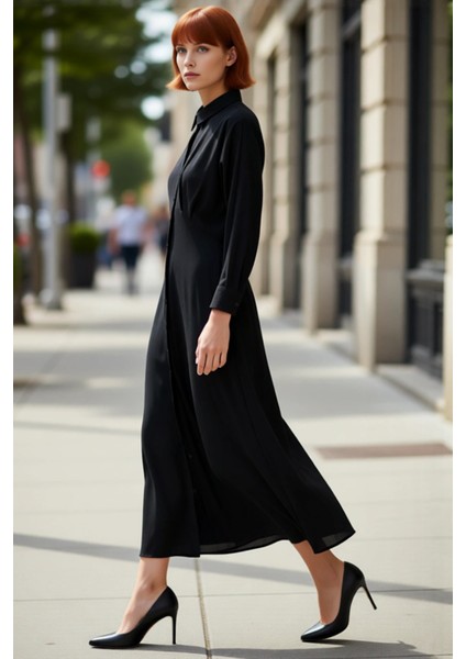 Kadın Düz Dokuma Gömlek Yaka Maxi Elbise Reglan Koluyla Şıklığı ve Konforu Bir Arada Sunar fırsatları