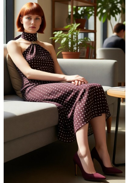 Kadın Puantiyeli Fular Yaka Aksesuar Detaylı Şifon Dokuma A Kesim Midi Elbise Yaz Esintisi