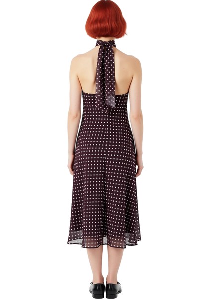 Kadın Puantiyeli Fular Yaka Aksesuar Detaylı Şifon Dokuma A Kesim Midi Elbise Yaz Esintisi modelleri