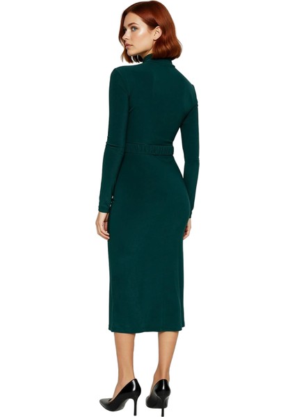 Kadın Şık Dik Yaka Kemerli Drapeli Vücuda Oturan Midi Örme Elbise Uzun Kollu Zarif Stil Kaliteli fiyatları