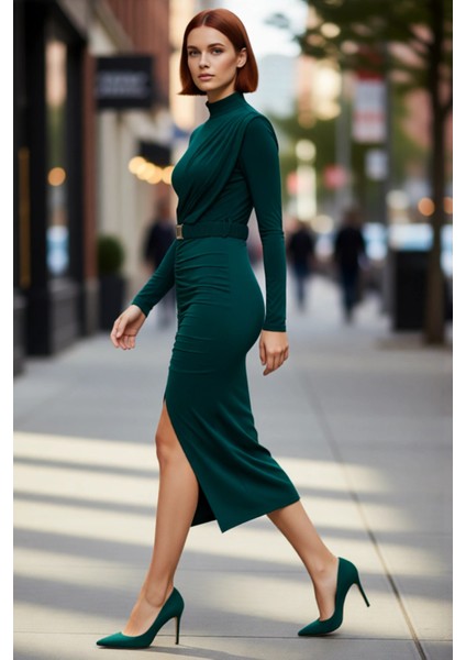 Kadın Şık Dik Yaka Kemerli Drapeli Vücuda Oturan Midi Örme Elbise Uzun Kollu Zarif Stil Kaliteli modelleri