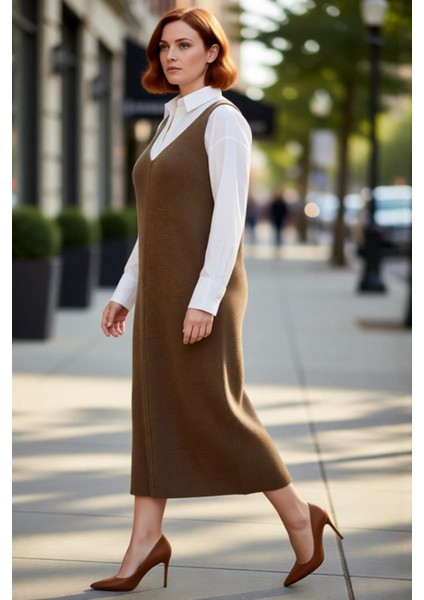 Kadın V Yaka Triko Jile Midi Elbise Gri Düz Desen Shift Kalıp Rahat Şıklık Ilkbahar Sonbahar fırsatları