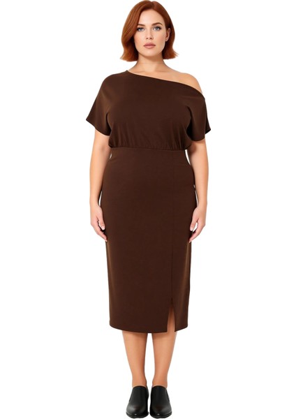 Kadın Bodycon Kesim Asimetrik Yaka Midi Elbise Parti ve Özel Günler Için Modern Örme Zarafeti fiyatları