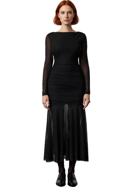 Kadın Fashion Forward Tül Örme Balık Kesim Uzun Kol Abiye Maxi Gece Elbisesi Şık Ortam Kaliteli