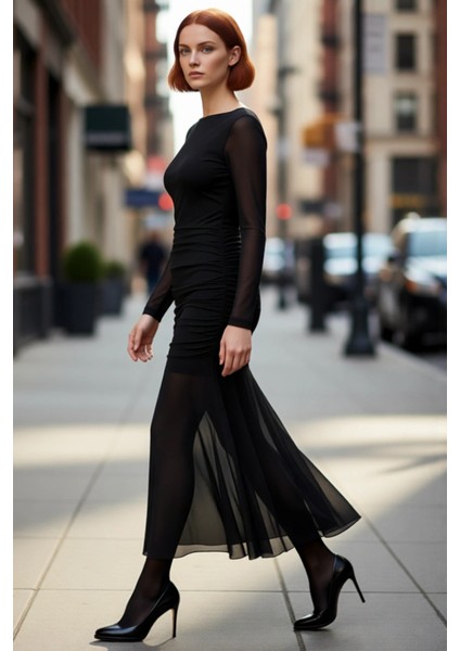 Kadın Fashion Forward Tül Örme Balık Kesim Uzun Kol Abiye Maxi Gece Elbisesi Şık Ortam Kaliteli modelleri