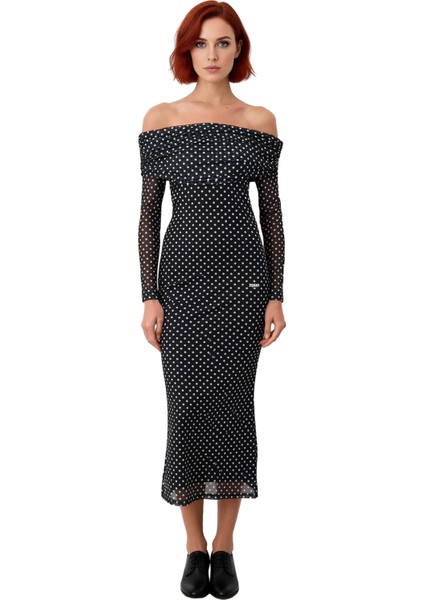 Kadın Fashion Forward Stilde Balık Siluet Uzun Kollu Puantiyeli Tül Abiye Elbise Kış Akşamları.