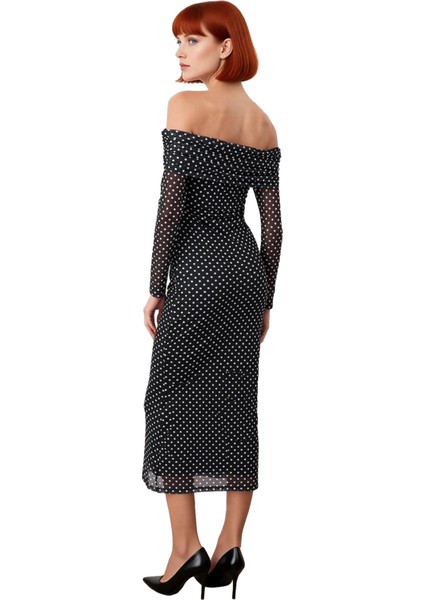 Kadın Fashion Forward Stilde Balık Siluet Uzun Kollu Puantiyeli Tül Abiye Elbise Kış Akşamları. fiyatları