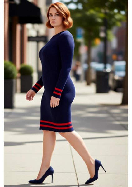 Kadın Bodycon Fitilli Triko Kazak Elbise Bisiklet Yaka Uzun Kol Çizgili Detaylar ile Şık Görünüm modelleri