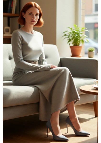 Kadın Siyah Triko Maxi Elbise Havuz Yaka A Kesim Kemerli Uzun Kollu Kışlık Konforlu Şık Giyim