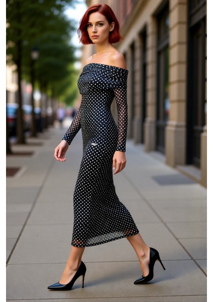 Kadın Fashion Forward Stilde Balık Siluet Uzun Kollu Puantiyeli Tül Abiye Elbise Kış Akşamları. modelleri