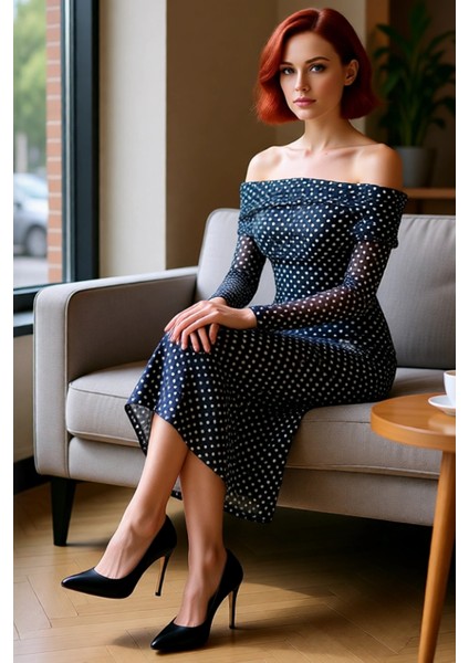 Kadın Fashion Forward Stilde Balık Siluet Uzun Kollu Puantiyeli Tül Abiye Elbise Kış Akşamları. fırsatları