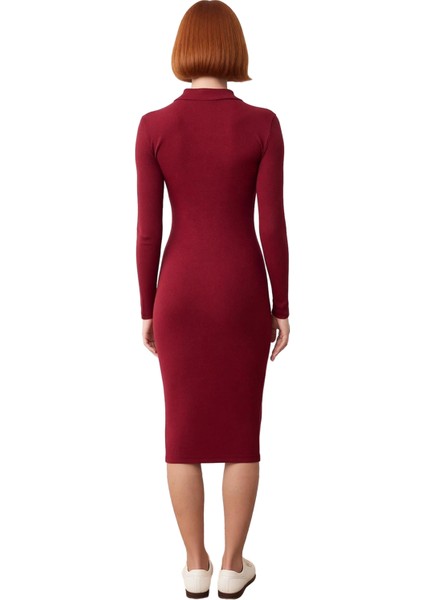 Kadın Düz Desen Dik Yaka Uzun Kollu Bodycon Midi Elbise Yırtmaç Detayı ile Modern Bir Dokunuş fiyatları