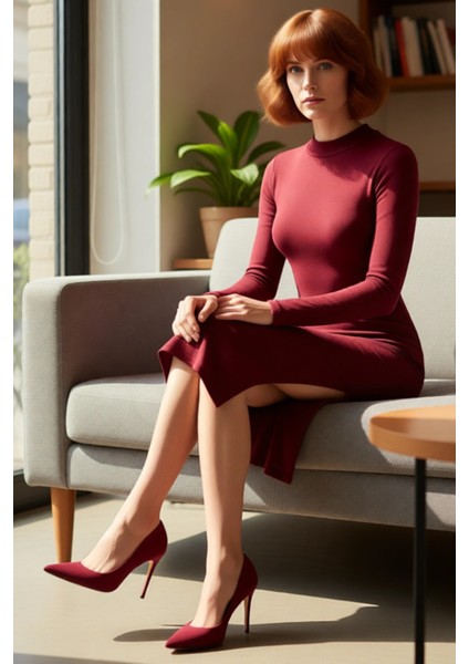 Kadın Düz Desen Dik Yaka Uzun Kollu Bodycon Midi Elbise Yırtmaç Detayı ile Modern Bir Dokunuş fırsatları