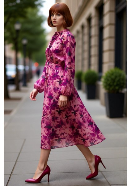 Astarlı Kadın Skater Midi Elbise Şifon Dokulu Baharlık Uzun Kollu Pembe Çiçek Desenli Stil modelleri