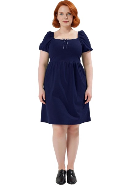 Kadın %100 Pamuk Kare Yaka Balon Kol Skater Mini Elbise Günlük Şık ve Konforlu Kıyafet Kaliteli