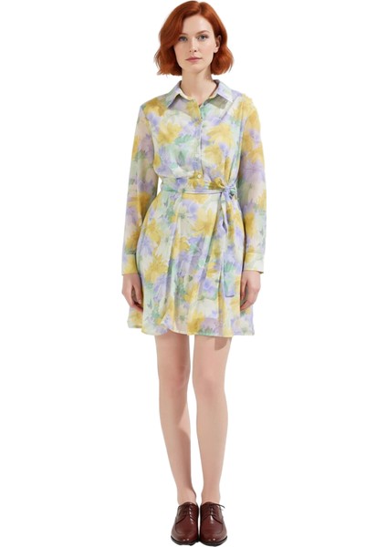 Kadın Kuşaklı Gömlek Yaka Çiçekli Desenli Şifon Mini Elbise Günlük ve Özel Anlar Için Kaliteli