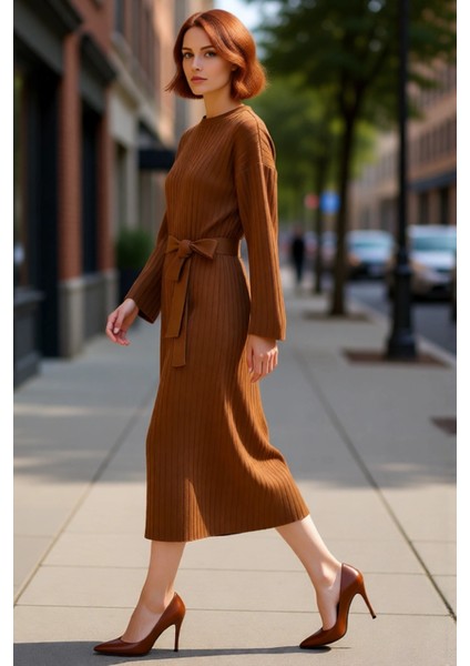 Kadın Triko Ribana Dokulu Maxi Elbise Düşük Kol Uzun Boy Kuşak Detaylı Kış Sezonu Rahat Giyim fırsatları