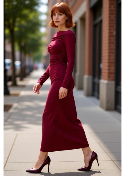 Kadın Midi Boy Kayık Yaka Bodycon Elbise Standart Kollu Büzgülü Düz Örme Kumaş Her Ortama Uygun modelleri