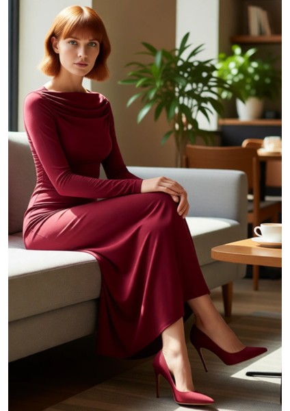 Kadın Midi Boy Kayık Yaka Bodycon Elbise Standart Kollu Büzgülü Düz Örme Kumaş Her Ortama Uygun fırsatları