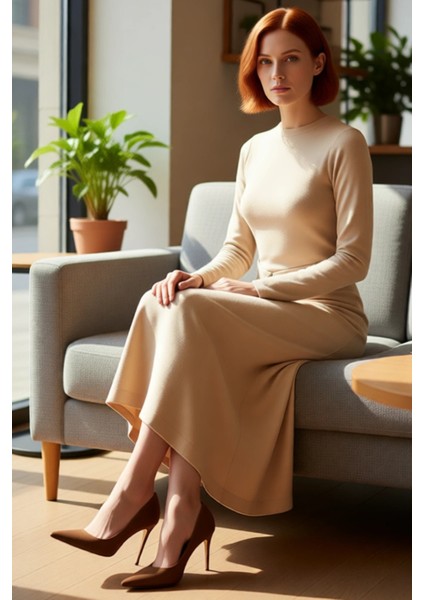 Kadınlar Için Konforlu Bisiklet Yaka Uzun Kollu Ribana Örme Maxi Düz Astarsız Elbise Stili