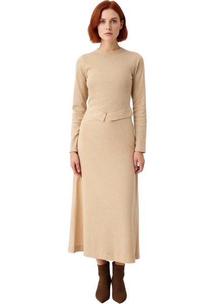 Kadınlar Için Konforlu Bisiklet Yaka Uzun Kollu Ribana Örme Maxi Düz Astarsız Elbise Stili fiyatları