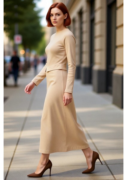 Kadınlar Için Konforlu Bisiklet Yaka Uzun Kollu Ribana Örme Maxi Düz Astarsız Elbise Stili fırsatları