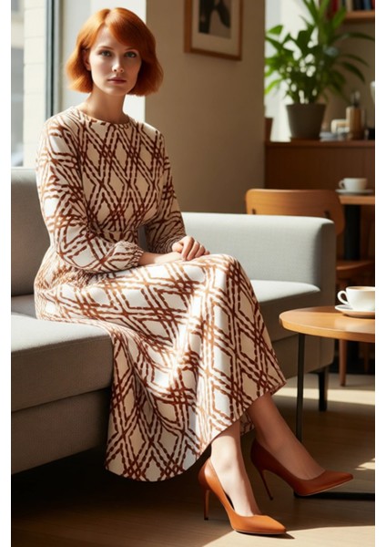 Kadın Şık Crinkle Dokuma Kemerli Balon Kol Skater Kalıp Geometrik Desenli Günlük Elbise Kaliteli