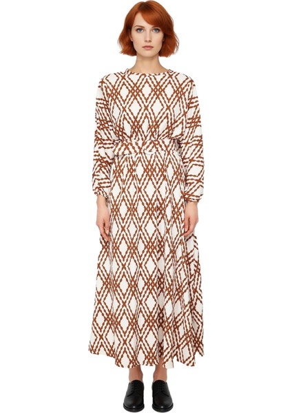 Kadın Şık Crinkle Dokuma Kemerli Balon Kol Skater Kalıp Geometrik Desenli Günlük Elbise Kaliteli fiyatları